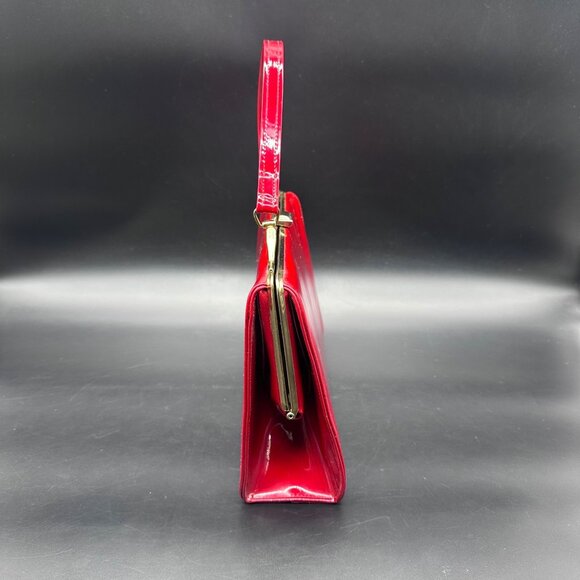 Vintage Cherry Red Patent Leather Handbag Purse Mid Century Gold 60s Top Handle - Picture 3 of 14